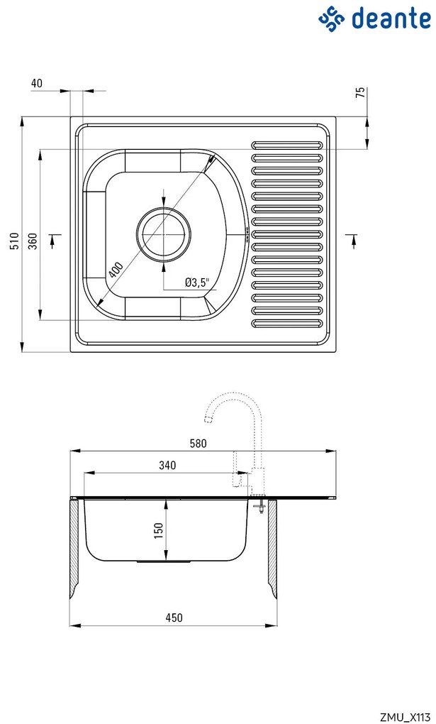Deante Techno, nerezový drez na dosku 1-komorový Z/KO 580x510x150 2" + sifón, vzor dekor, ZMU_3113