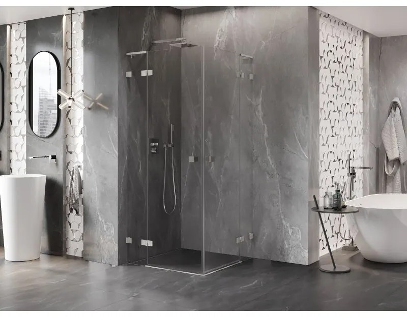 Mexen Lunar, L Duo výklopný sprchový kút 85 x 85 cm, 8mm číre sklo, oceľový profil, 834L-085L-085P-97-00