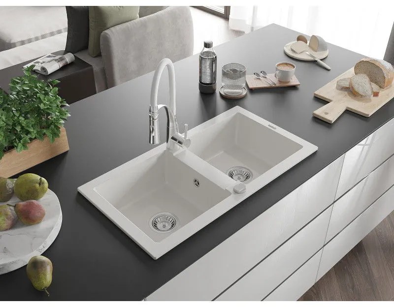 Mexen Mario, granitový drez 820x436x161 mm, 2-komorový a drezová batéria Aster, biela, 6504-20-73450-02