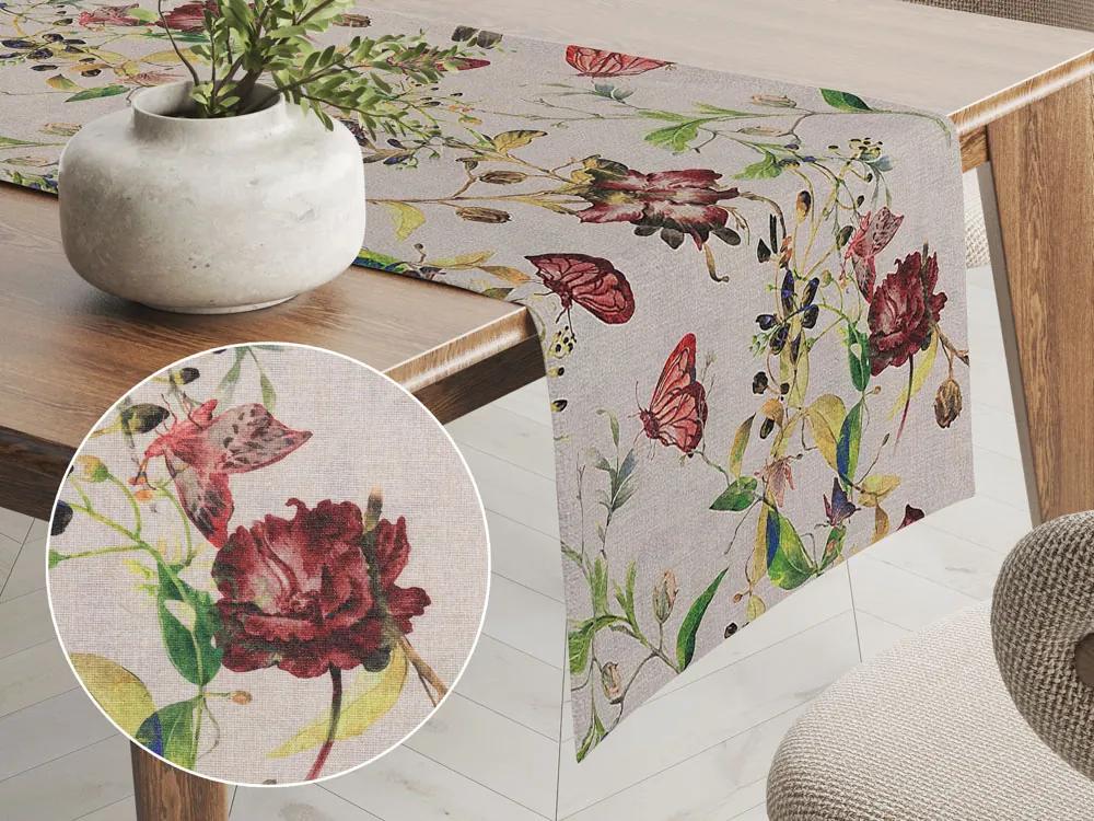 Biante Dekoračný behúň na stôl PML-083 Kvety a motýle na béžovom 35x140 cm