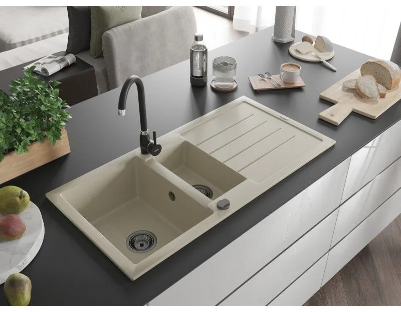 Mexen Andres, granitový drez 1000x500x200 mm, 1,5-komorový, béžová s čiernym sifónom a čierna drezová batéria Telma, 6515-69-670200-70