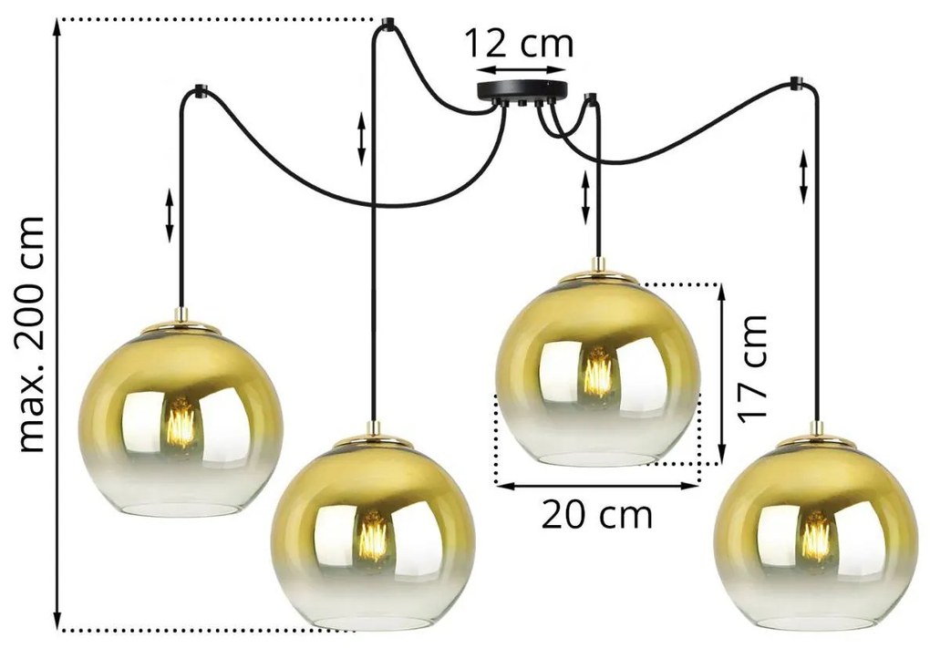 Závesné svietidlo BERGEN GOLD SPIDER, 4x zlaté/transparentné sklenené tienidlo (fi 20cm)