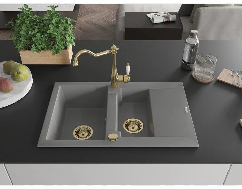 Mexen Gaspar, granitový drez 752x436x161 mm, 1,5-komorový a drezová batéria Carla, šedá, 6507-71-670700-50