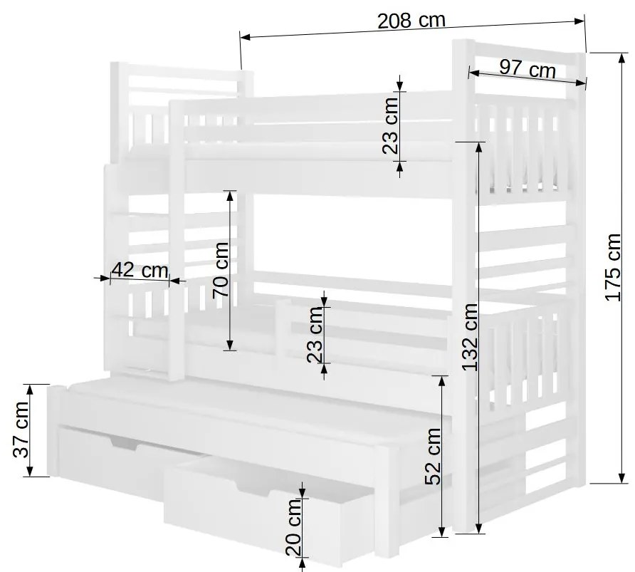 Poschodová posteľ pre 3 deti Hanka, 200x90cm, buk