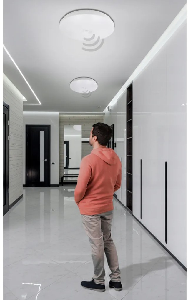 BERGE Stropný LED panel, prisadený, 2x E27, okrúhly, s CLIO senzorom pohybu a súmraku
