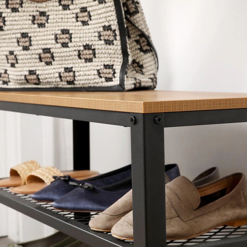 Lavička na topánky s 2 čiernymi sieťovanými policami, svetlá farba dreva