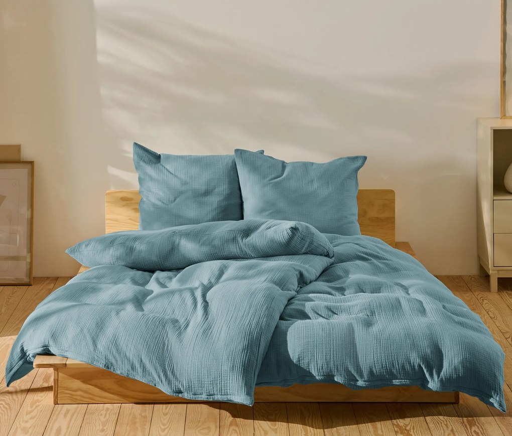 Mušelínová posteľná bielizeň, modrá, štandardná veľkosť