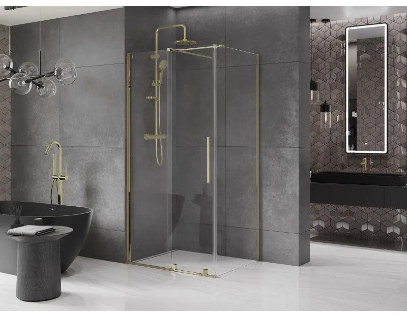 Mexen Velar, sprchový kút s posuvnými dverami 90(dvere) x 110(stena) cm, 8mm číre sklo, zlatá lesklá, 871-090-110-01-50