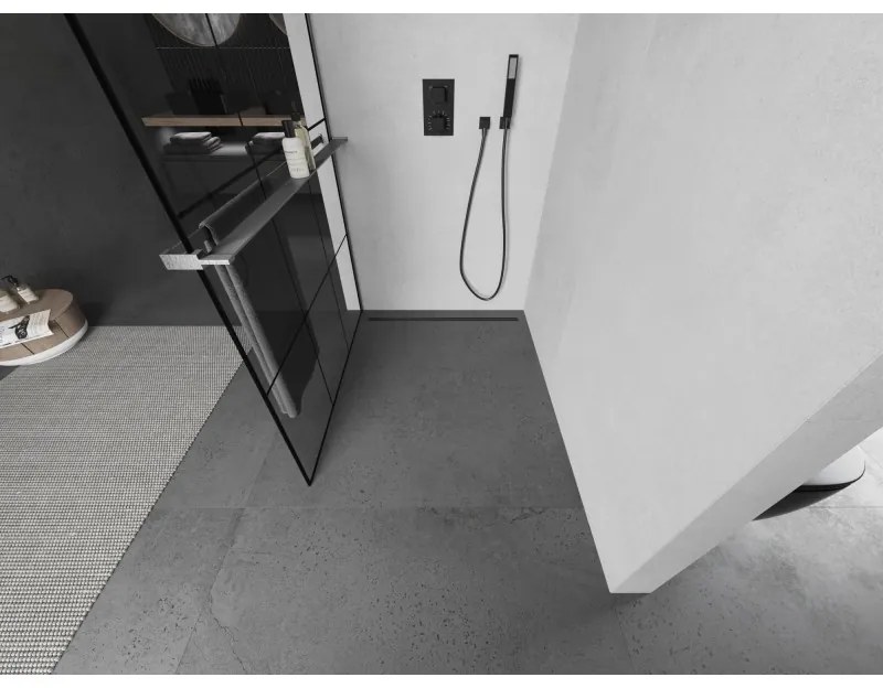 Mexen Kioto+ L, sprchová zástena Walk-In s poličkou a vešiakom 100 x 200 cm, 8mm číre sklo čierny vzor, grafitový profil, 800-100-123-66-77