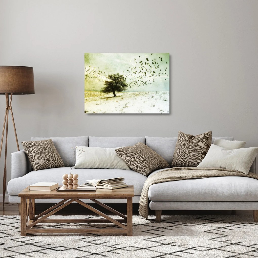 Sklenený obraz - Maľovaný kŕdeľ vtákov (70x50 cm)