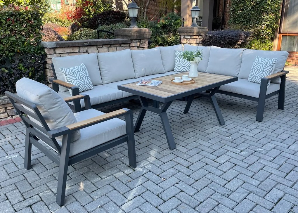 Rohová jedálenská súprava EMOT WPC antracit s kreslom a so svetlými poduškami