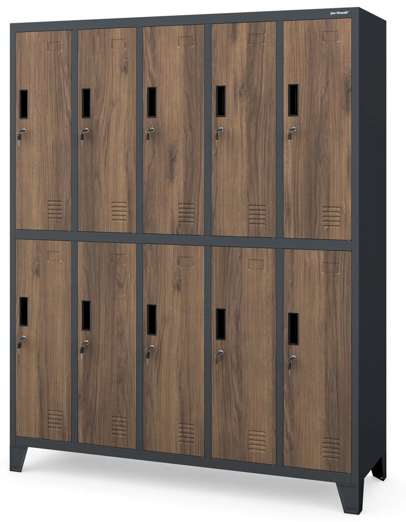 Kovová šatňová boxová skriňa na nôžkach s 10 boxami BARTEK, 1360 x 1720 x 450 mm, Eco Design: antracitová/ dub sonoma