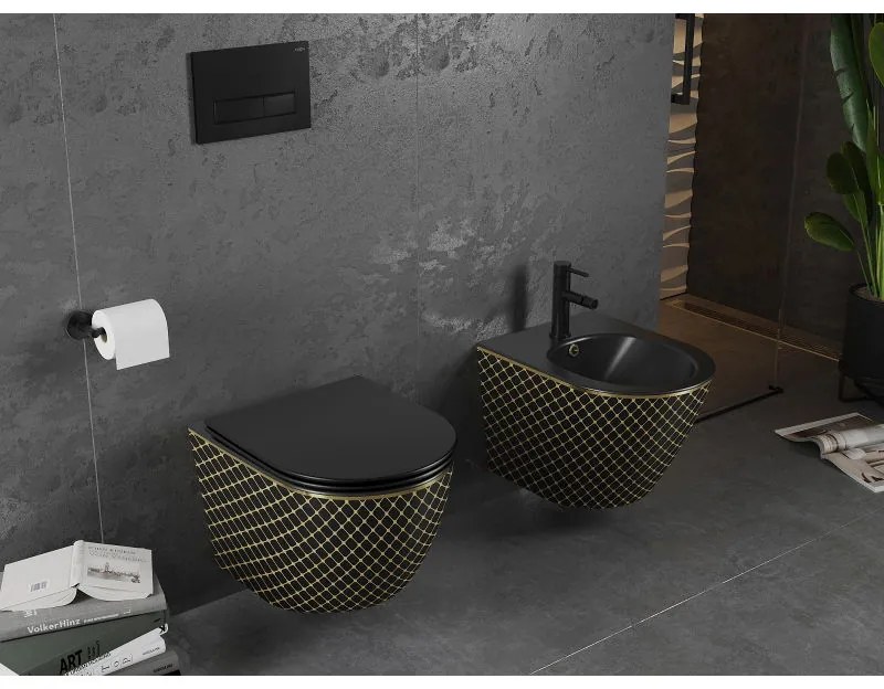 Mexen Lena, závesná toaletná misa 480x360x355 mm s pomaly padajúcim sedátkom, čierna matná - zlatý vzor, 30224079