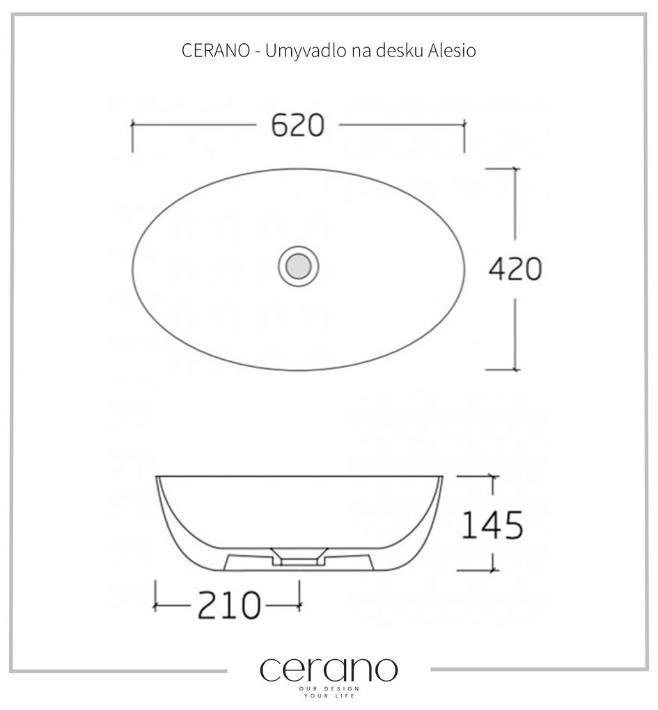 Cerano Alesio, keramické umývadlo na dosku 620x420x145 mm, biela lesklá, CER-CER-417176