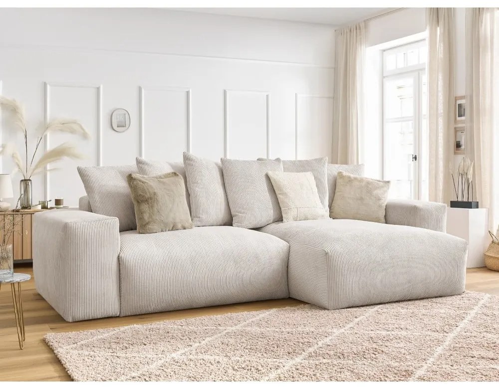 Krémovobiela menčestrová rozkladacia/s úložným priestorom rohová pohovka Voltaire – Bobochic Paris