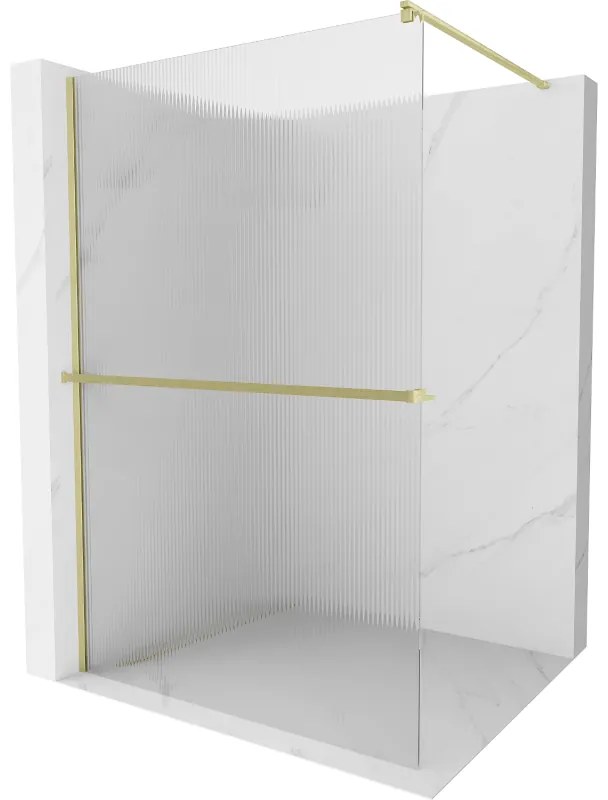 Mexen Kioto+, sprchová zástena Walk-In s poličkou a vešiakom 140 x 200 cm, 8mm sklo s rebrovým vzorom, zlatý matný profil, 800-140-121-55-09