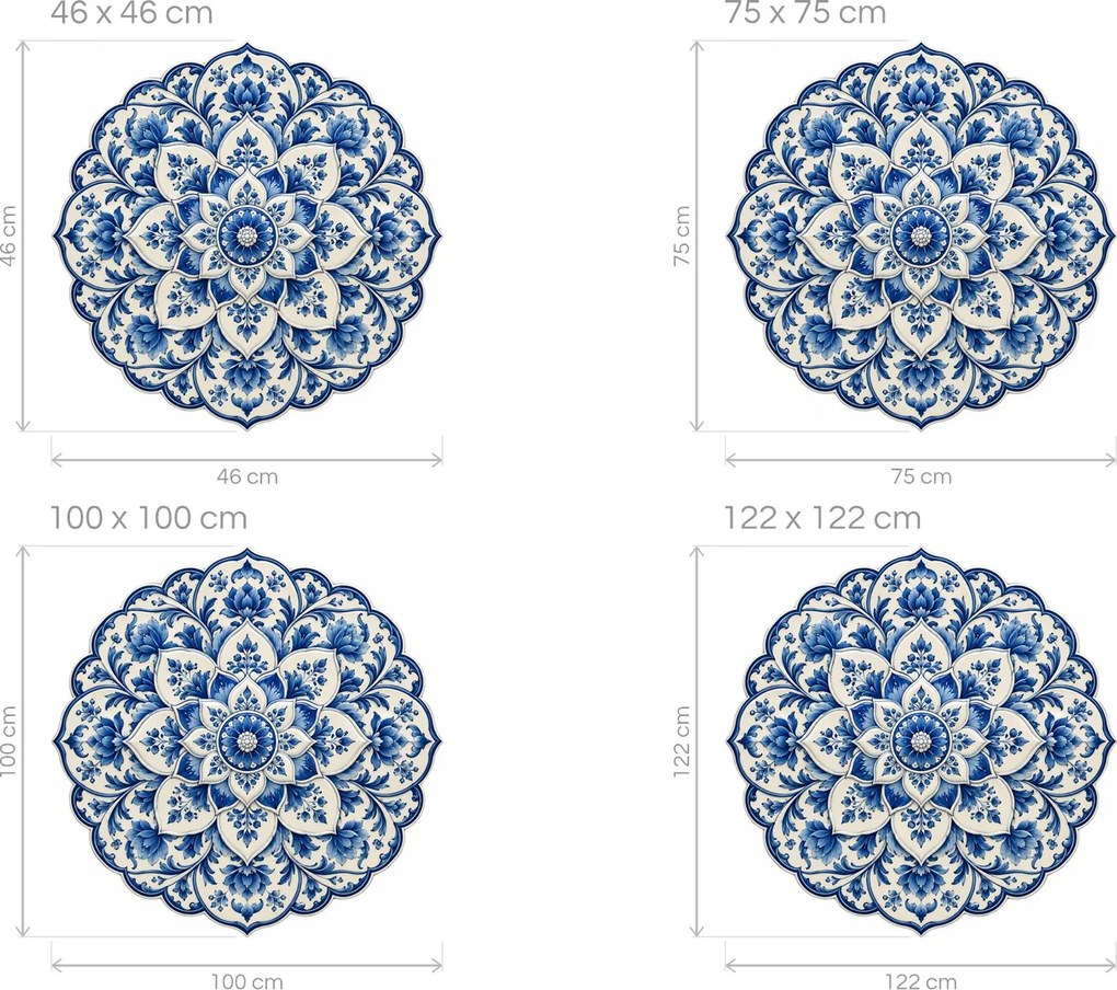 Porcelánová mandala kobaltovo modrá textilná prelepiteľná nálepka na stenu hárok 46 x 46 cm