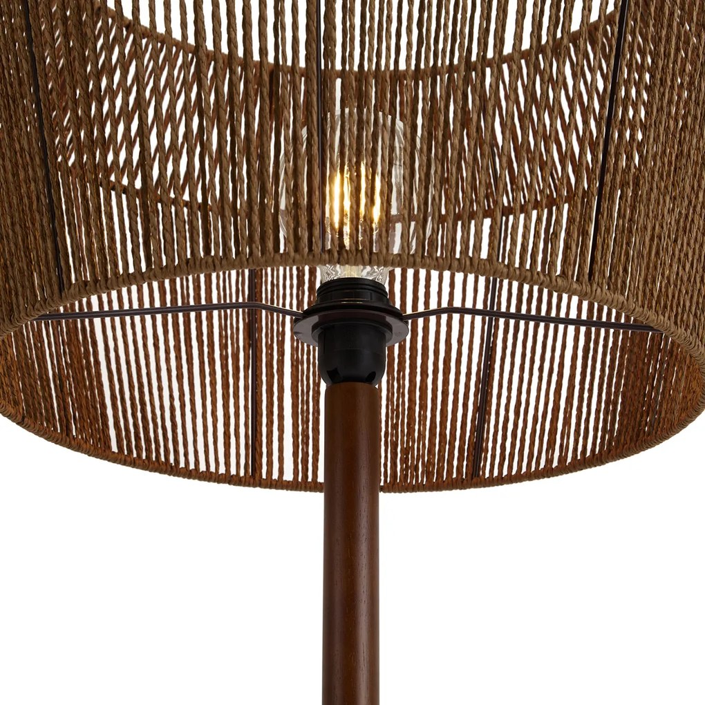 Stojacia lampa z orechového dreva s hnedým tienidlom z papierového lana 50/50/30 - Mels