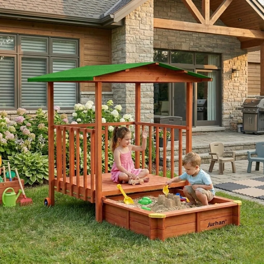 Pieskovisko s verandou SUNNY, 130x130x143cm, hnedá/zelená Jurhan