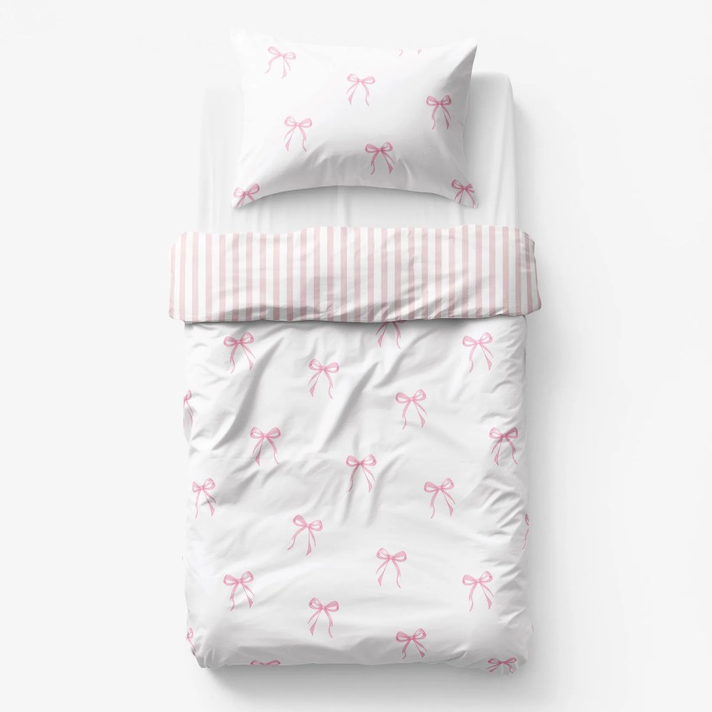 Goldea detské bavlnené obliečky - ružové mašličky s prúžkami 140 x 200 a 70 x 90 cm