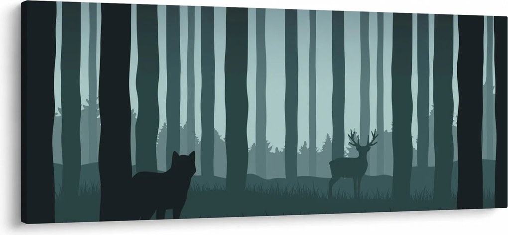 Obraz - Jeleň s vlkom v skalách (120x50 cm)