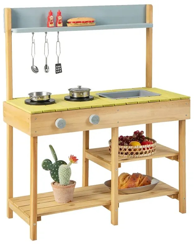 Drevená vonkajšia kuchynka robustná detská kuchynka na hranie s 3 hákmi 2 variče odnímateľná nádoba na vodu príroda