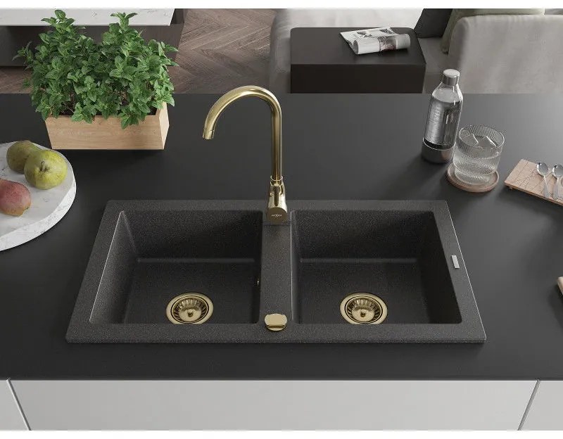 Mexen Mario, granitový drez 820x436x161 mm, 2-komorový, čierna škvrnitá so zlatým sifónom, 6504822000-76-G