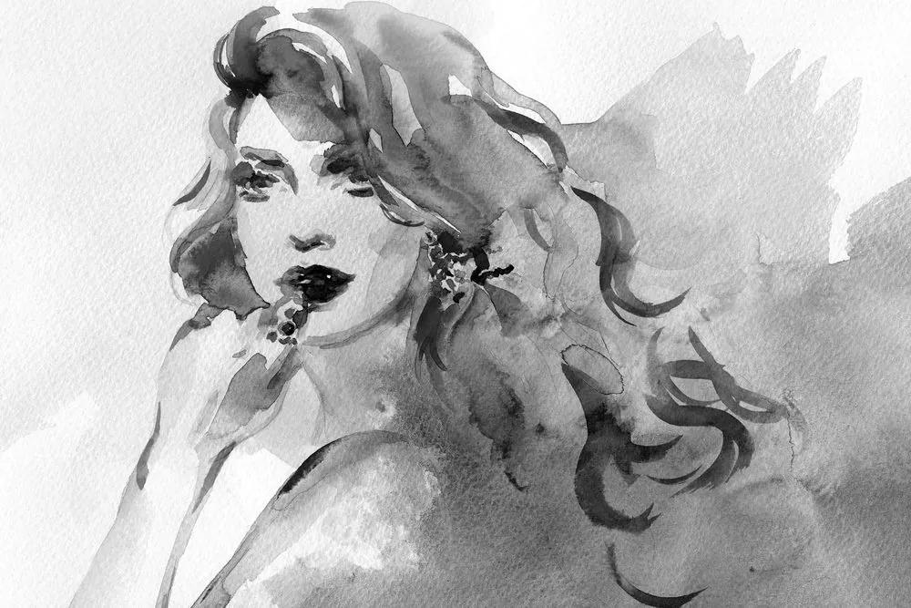 Obraz akvarelový ženský portrét v čiernobielom prevedení - 120x80