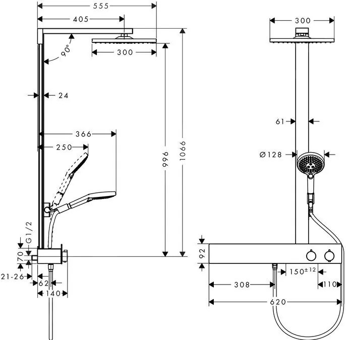 Hansgrohe Raindance E, sprchová súprava Showerpipe 300 s termostatom 600, EcoSmart 9 l/min, chrómová, HAN-27364000