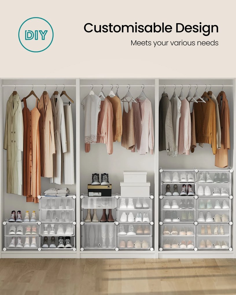 Spojiteľný stojan na topánky pre až 48 párov topánok, biely a priehľadný