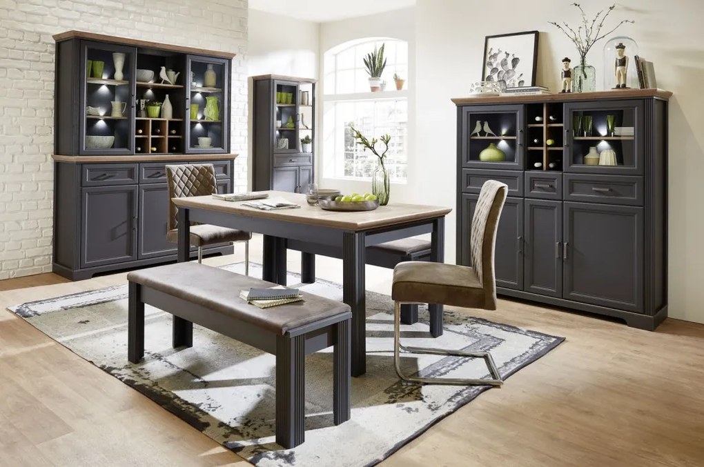 Nástavná vitrína s priehradkami Jasmin, grafit/dub, s osvetlením