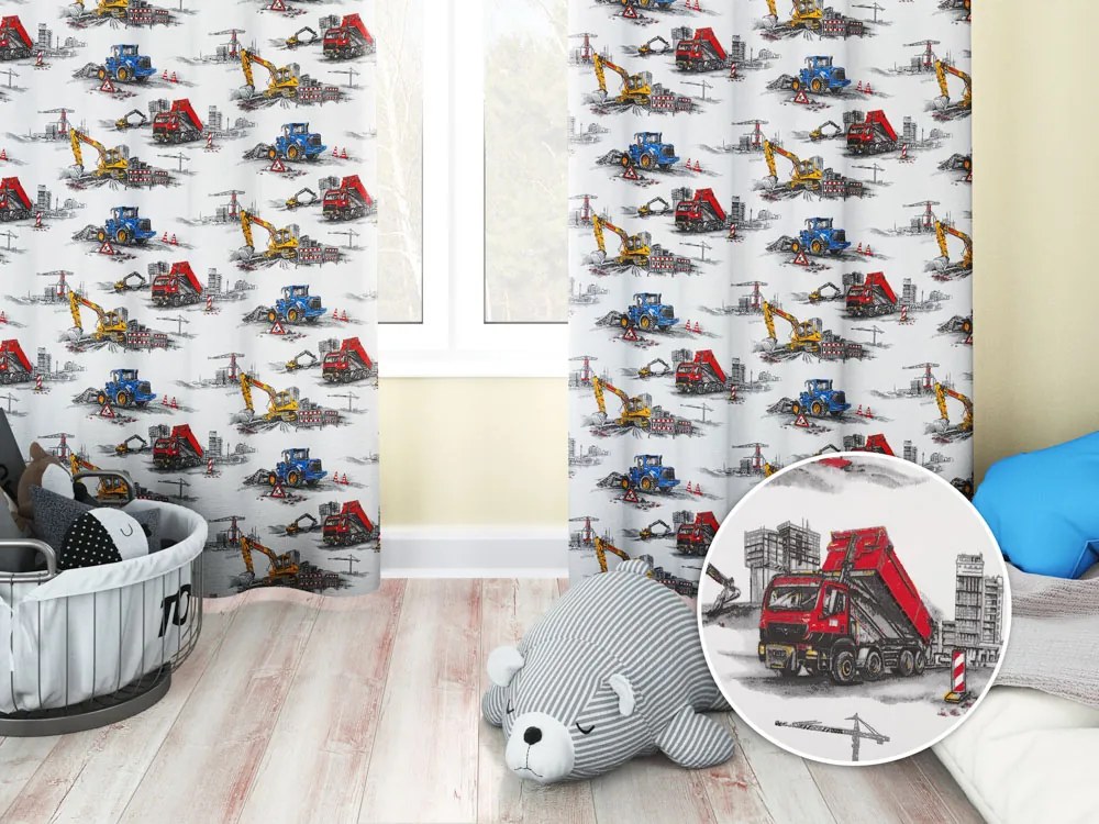 Biante Detský bavlnený záves Sandra SA-578 Nákladiaky a bagre na bielom 150x230 cm