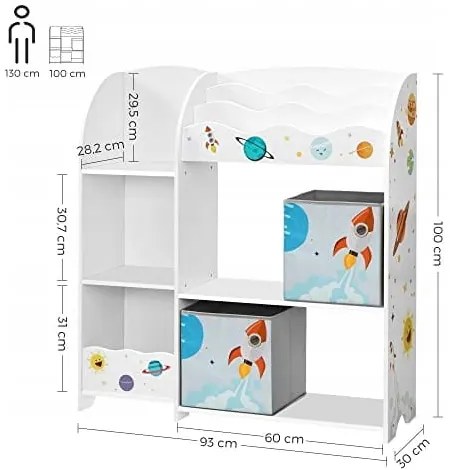 Polica na hračky, 5 políc, 2 úložné boxy, priehradky na knihy