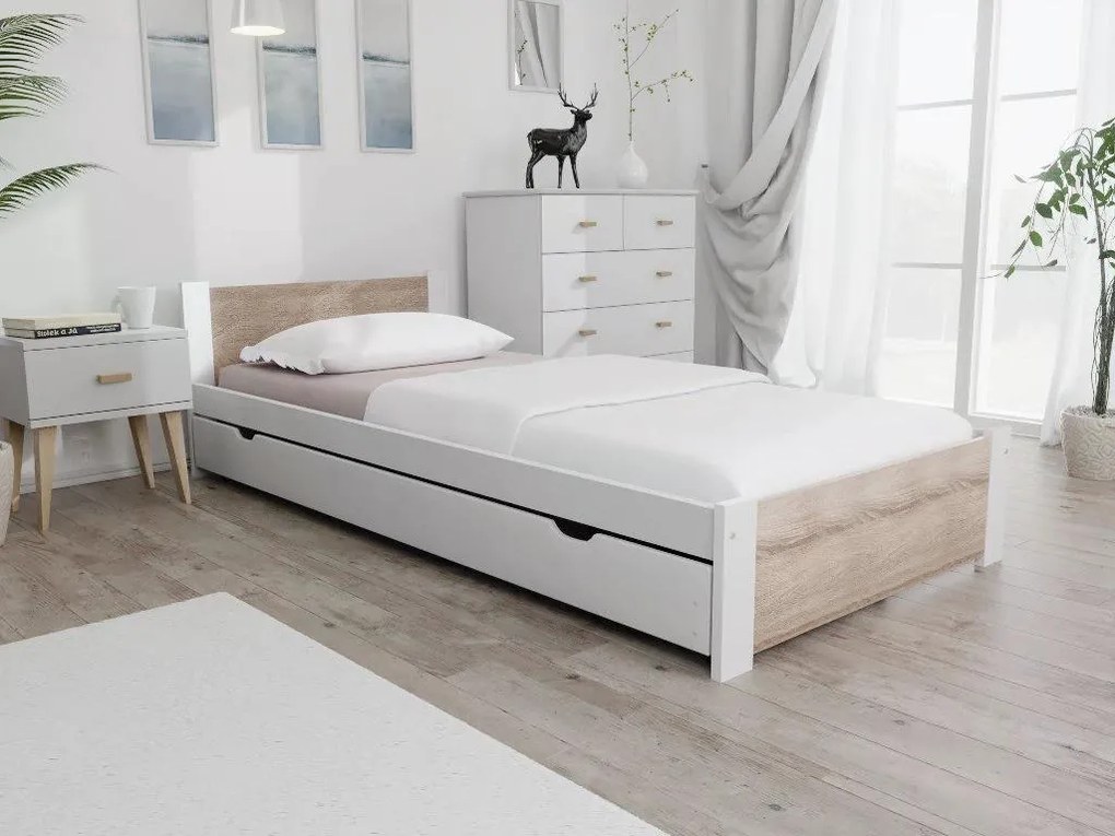 Posteľ IKAROS 80 x 200 cm, biela/dub sonoma Rošt: S latkovým roštom, Matrac: Matrac COCO MAXI 20 cm