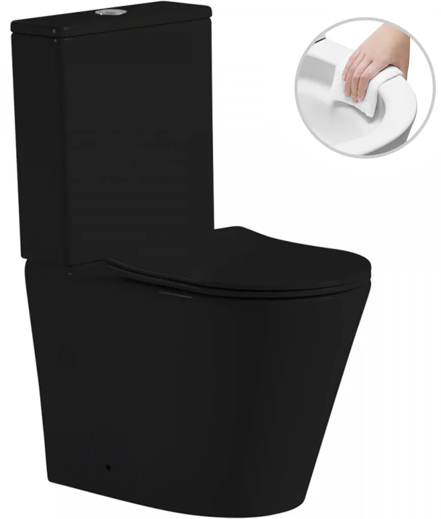 Cerano Carlito, WC kombi Rimless 36,5x61x85 cm + UF sedátko, spodný/zadný odpad, čierna matná, CER-CER-433866