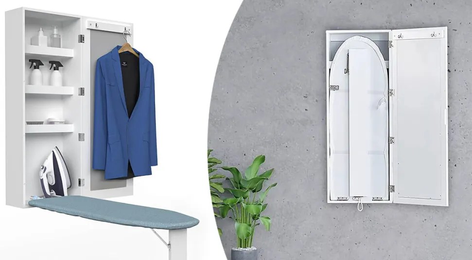 Nástenná zrkadlová úložná skrinka s výklopnou žehliacou doskou