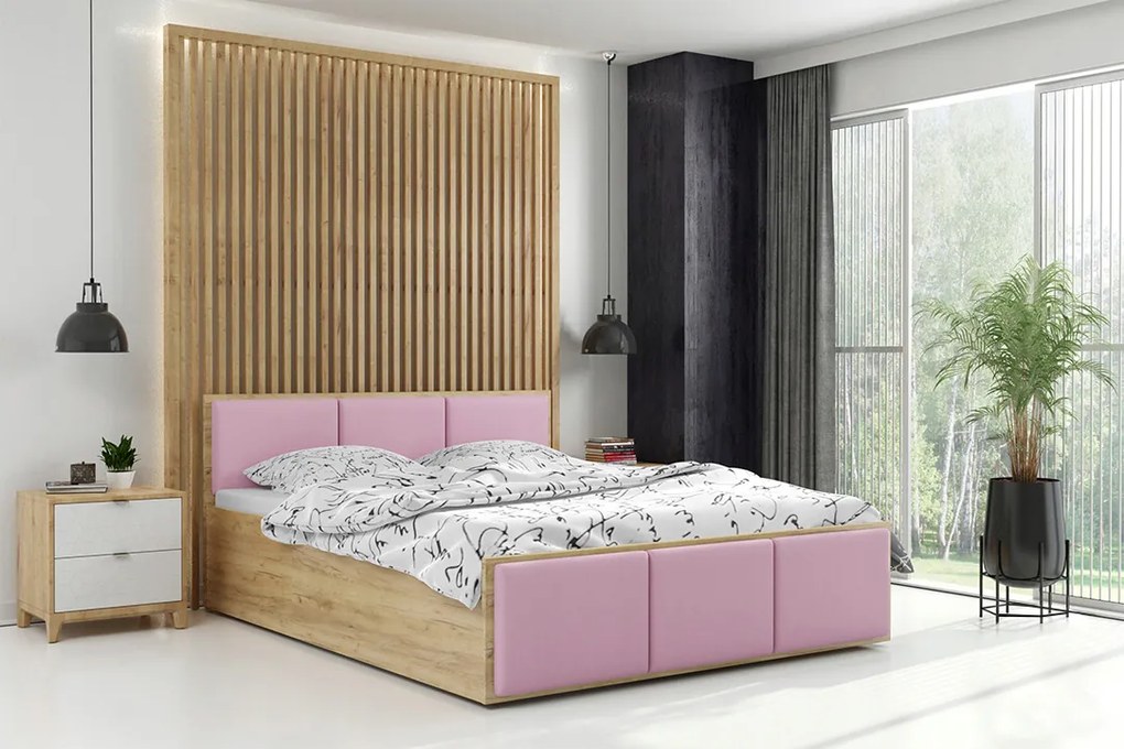 BMS GROUP Čalúnená posteľ PANAMA XT 120x200cm výklopná remeselný dub - ružová