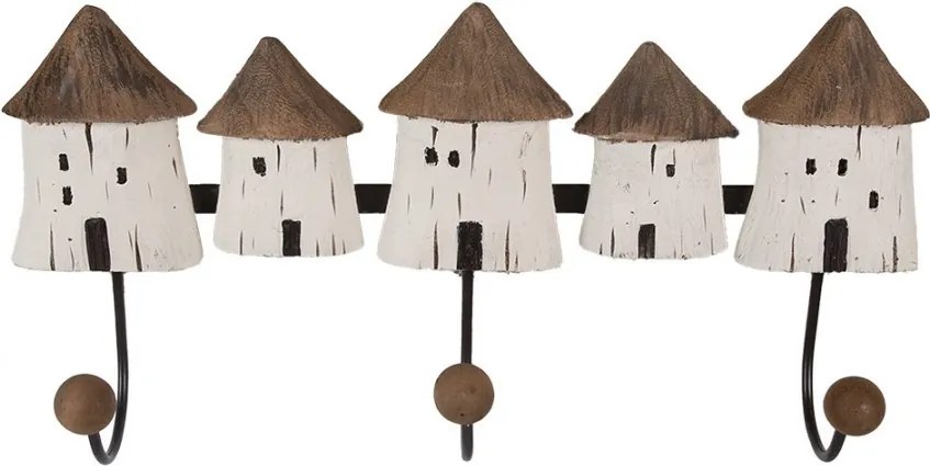 Nástenný vešiak s 3-mi háčikmi a drevenými domčekmi - 38*8*19 cm