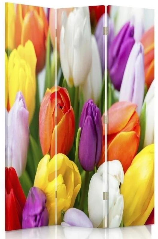 Ozdobný paraván Barevné tulipány Květiny - 110x170 cm, trojdielny, obojstranný paraván 360°