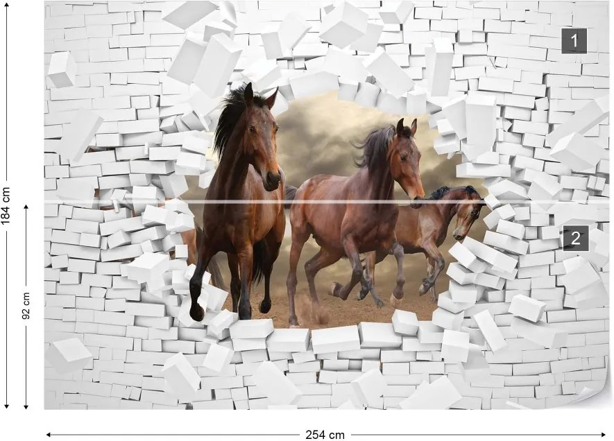 GLIX Fototapeta - 3D Horses Jumping Through Hole In Brick Wall Vliesová tapeta  - 254x184 cm