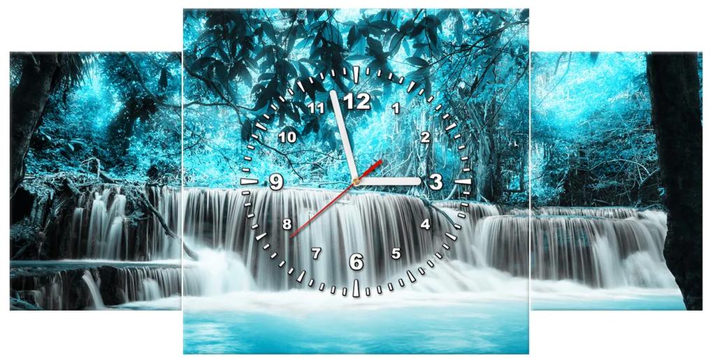 Gario Obraz s hodinami Vodopád v modrej džungli - 3 dielny Rozmery: 80 x 40 cm