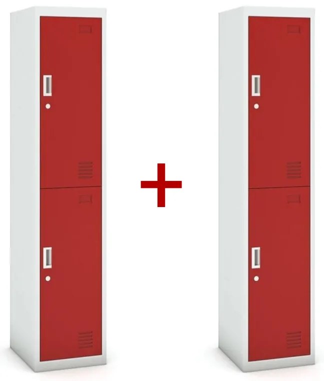 Šatníková skrinka S3 dvojdverová 1+1 ZADARMO, demont, cylindrický zámok, sivá/červená