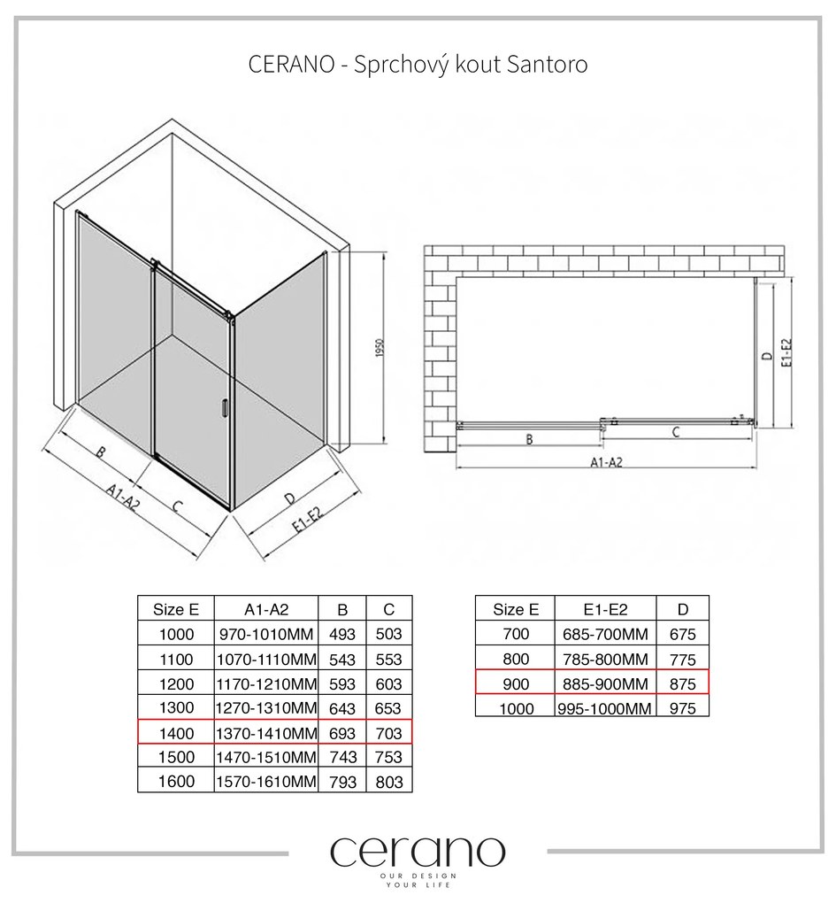 CERANO - Sprchovací kút Santoro Ľ/P - 8 mm - čierna matná, grafitové sklo - 140x90 cm - posuvný, CER-CER-8050BD7308