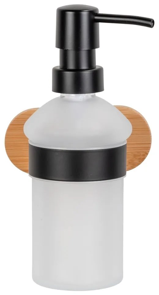 Samodržiaci sklenený dávkovač mydla v čiernej a prírodnej farbe 300 ml Orea Bamboo – Wenko
