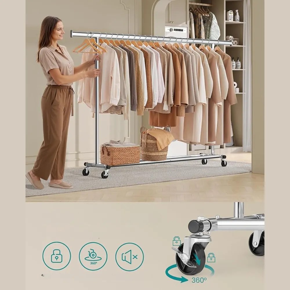 Stojan na oblečenie DOLLY na kolieskach, max. 150 kg, 45x160-200x161,5cm, strieborná SongmicsHome