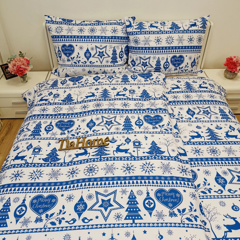 Obliečky bavlnené Vianočné obliečky Sobíky bielo-modré - 1x Vankúš 90x70cm, 1x Paplón 140x200cm