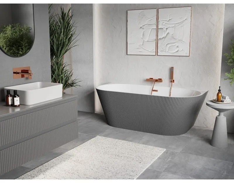 Mexen Oris, voľne stojaca ryhovaná vaňa 150 x 75 cm, biela-šedá, ružové zlato prepad, 52871507562-60