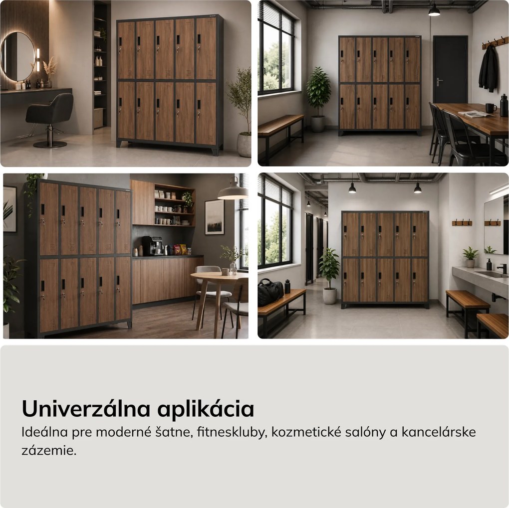 Kovová šatňová boxová skriňa na nôžkach s 10 boxami BARTEK, 1360 x 1720 x 450 mm, Eco Design: antracitová/ dub sonoma
