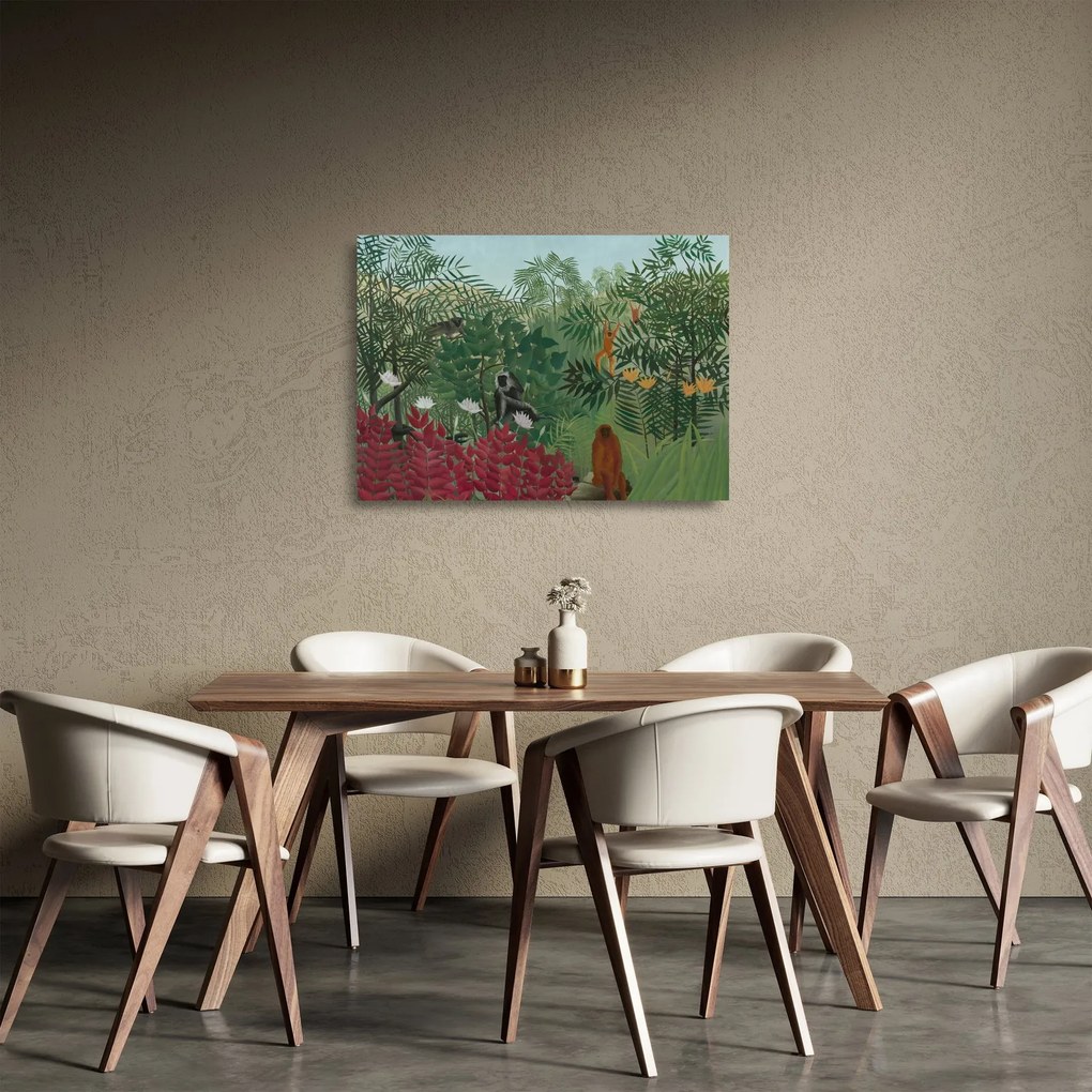 Sklenený obraz - Henri Rousseau, Tropical Forest with Monkeys, reprodukcia (70x50 cm)