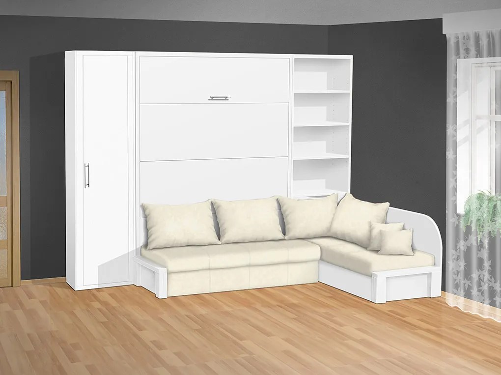 Nabytekmorava Sklápacia posteľ s rohovou pohovkou VS 3075P - 200x140 cm + policová skriňa 60 nosnost postele: štandardná nosnosť, farba lamina: biela 113, farba pohovky: nubuk 126 béžová